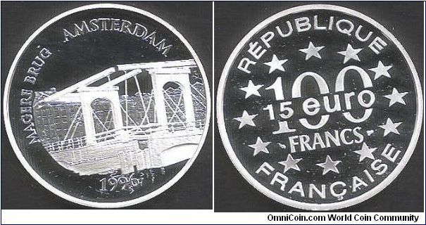 100 Francs / 15 Euro issue `Amsterdam - Magere Brug'