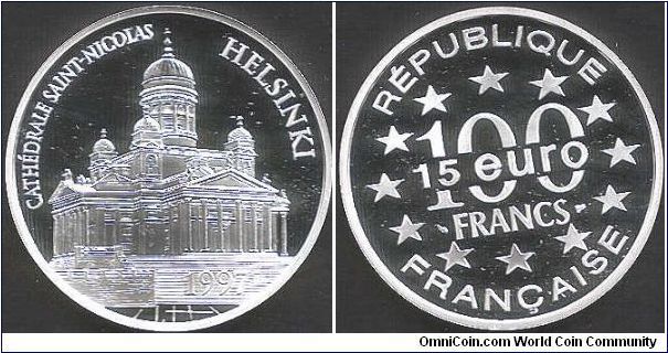 100 Francs / 15 Euro issue `Helsinki - St Nicolas'