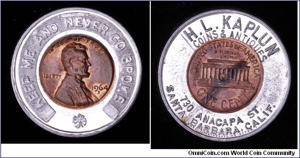 Encased 1964 Lincol Cent. H.L. Kaplun Coins & Antiques, Santa Barbara, CA
