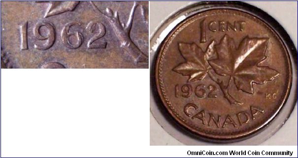 1962 Canadian cent with doubling on the date.