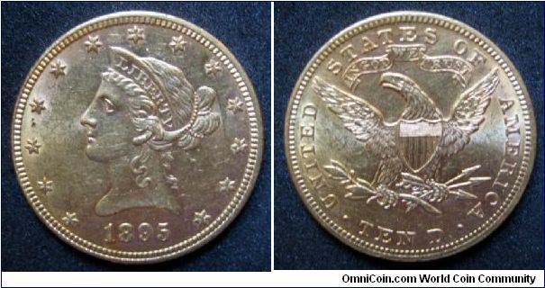 1895 $10 Liberty Gold Coin. Brilliant Uncirculated. MS63+ Graded Estimation.