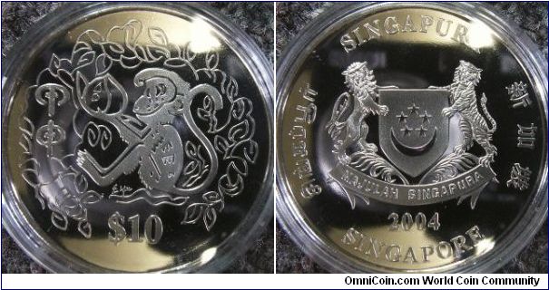 Singapore 2004 10 dollars. Zodiac Series: Monkey. Minted in ni-cupro.