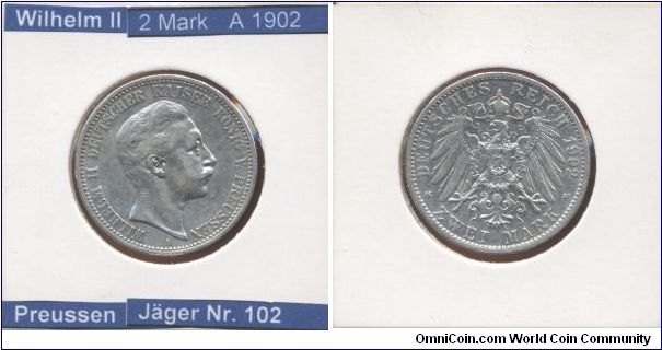 This is a coin from German Empire. 
Emperor Wilhelm II

2 Mark 1902
Mintmark A (~Berlin)