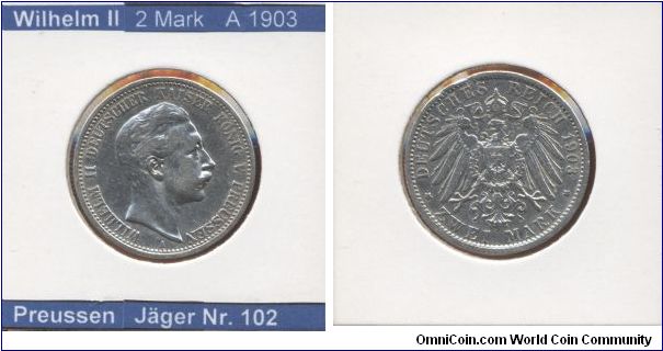 This is a coin from German Empire. 
Emperor Wilhelm II

2 Mark 1903
Mintmark A (~Berlin)