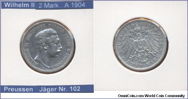 This is a coin from German Empire. 
Emperor Wilhelm II

2 Mark 1904
Mintmark A (~Berlin)