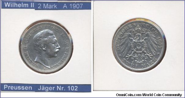 This is a coin from German Empire. 
Emperor Wilhelm II

2 Mark 1907
Mintmark A (~Berlin)
