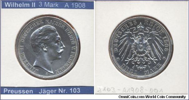 This is a coin from German Empire. 
Emperor Wilhelm II

3 Mark 1908
Mintmark A (~Berlin)