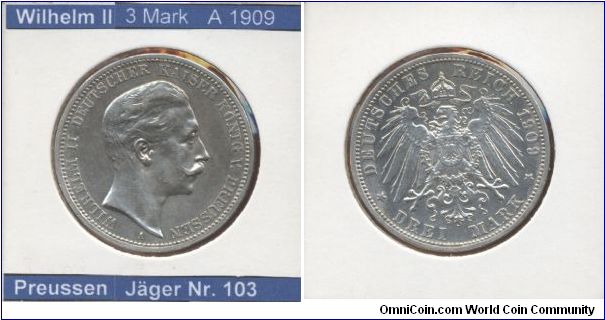 This is a coin from German Empire. 
Emperor Wilhelm II

3 Mark 1909
Mintmark A (~Berlin)