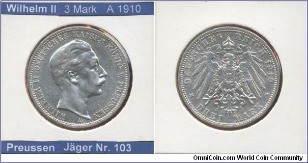This is a coin from German Empire. 
Emperor Wilhelm II

3 Mark 1910
Mintmark A (~Berlin)