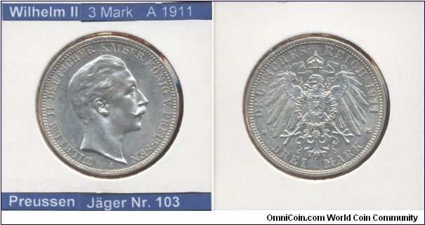 This is a coin from German Empire. 
Emperor Wilhelm II

3 Mark 1911
Mintmark A (~Berlin)