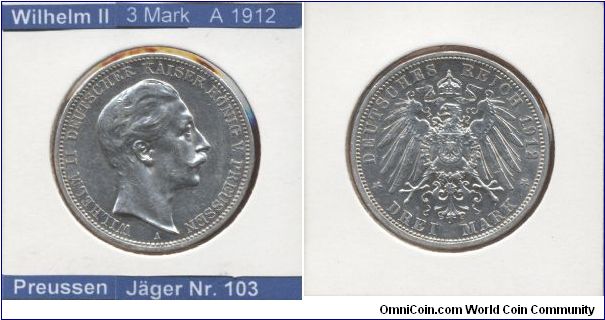 This is a coin from German Empire. 
Emperor Wilhelm II

3 Mark 1912
Mintmark A (~Berlin)