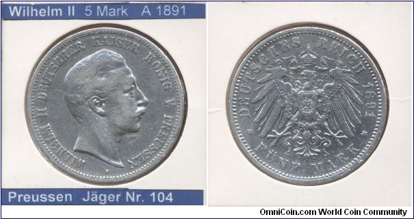 This is a coin from German Empire. 
Emperor Wilhelm II

5 Mark 1891
Mintmark A (~Berlin)