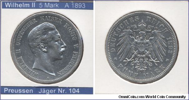 This is a coin from German Empire. 
Emperor Wilhelm II

5 Mark 1893
Mintmark A (~Berlin)