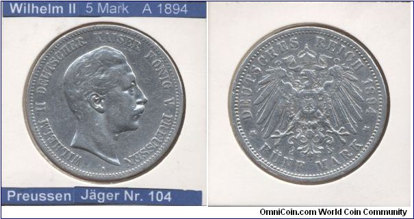 This is a coin from German Empire. 
Emperor Wilhelm II

5 Mark 1894
Mintmark A (~Berlin)