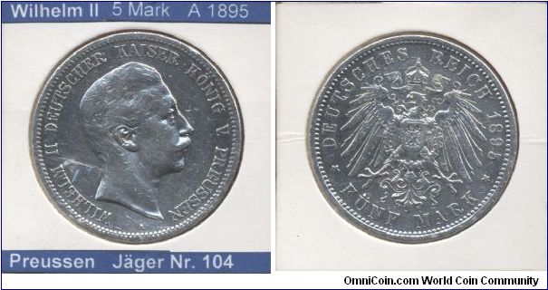 This is a coin from German Empire. 
Emperor Wilhelm II

5 Mark 1895
Mintmark A (~Berlin)