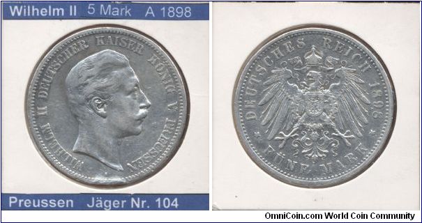 This is a coin from German Empire. 
Emperor Wilhelm II

5 Mark 1898
Mintmark A (~Berlin)