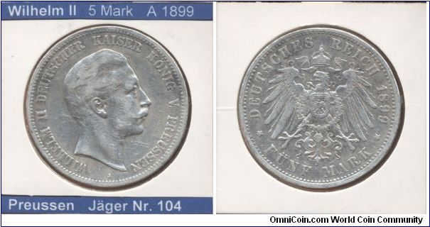 This is a coin from German Empire. 
Emperor Wilhelm II

5 Mark 1899
Mintmark A (~Berlin)