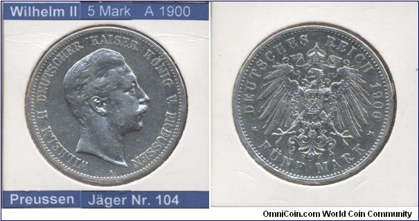 This is a coin from German Empire. 
Emperor Wilhelm II

5 Mark 1900
Mintmark A (~Berlin)