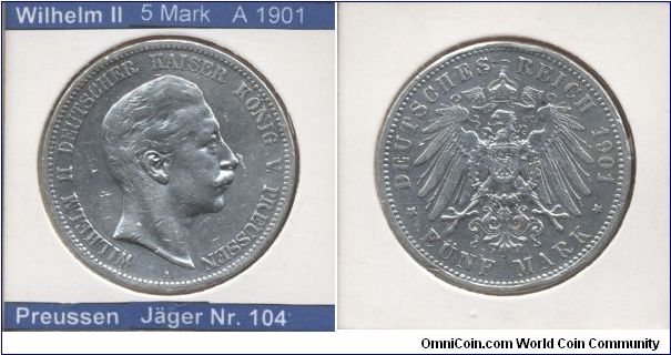 This is a coin from German Empire. 
Emperor Wilhelm II

5 Mark 1901
Mintmark A (~Berlin)