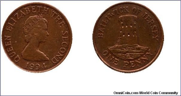 Jersey Island, 1 penny, 1994, Bronze, Le Hocq Watch Tower, St. Clement, Queen Elizabeth II.                                                                                                                                                                                                                                                                                                                                                                                                                         