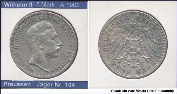 This is a coin from German Empire. 
Emperor Wilhelm II

5 Mark 1902
Mintmark A (~Berlin)