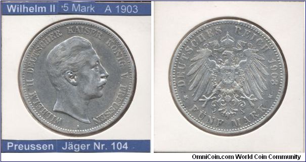 This is a coin from German Empire. 
Emperor Wilhelm II

5 Mark 1903
Mintmark A (~Berlin)