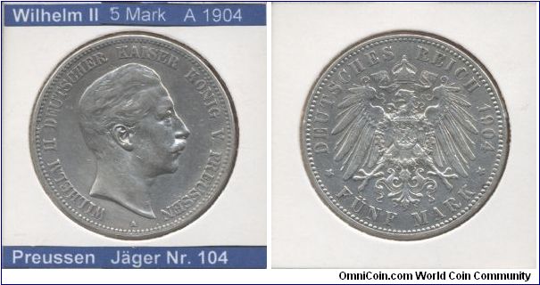 This is a coin from German Empire. 
Emperor Wilhelm II

5 Mark 1904
Mintmark A (~Berlin9