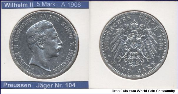 This is a coin from German Empire. 
Emperor Wilhelm II

5 Mark 1906
Mintmark A (~Berlin)