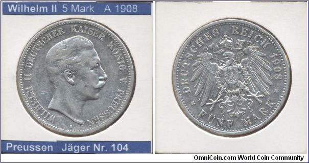 This is a coin from German Empire. 
Emperor Wilhelm II

5 Mark 1908
Mintmark A (~Berlin)