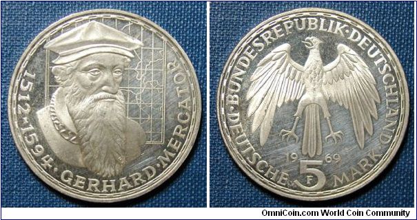 1969-F Germany 5 Marks, 375th Anniversary of the Death of Gerhard Mercator, Proof.