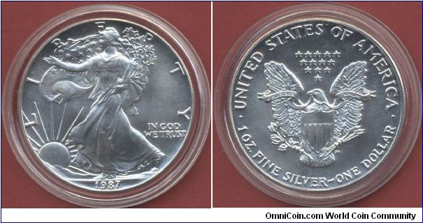 1$ Silver Eagle Walking Liberty 1987 1 Oz. Fine Silver 999/1000