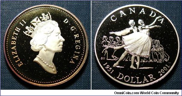 2001 Canada Ballet Silver Dollar Proof with nice Obverse toning.