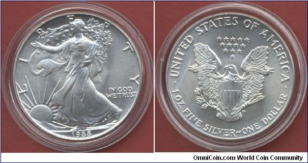 1$ Silver Eagle Walking Liberty 1988 1 Oz. Fine Silver 999/1000