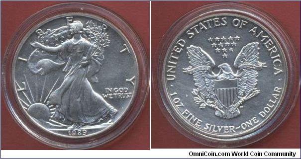 1$ Silver Eagle Walking Liberty 1989 1 Oz. Fine Silver 999/1000