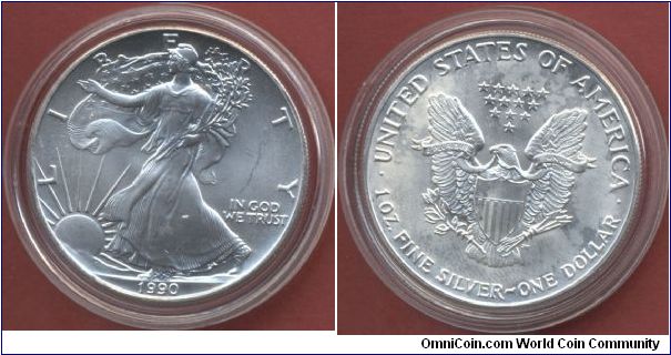 1$ Silver Eagle Walking Liberty 1990 1 Oz. Fine Silver 999/1000