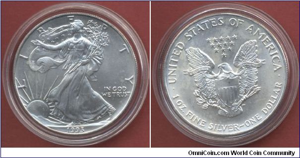 1$ Silver Eagle Walking Liberty 1993 1 Oz. Fine Silver 999/1000