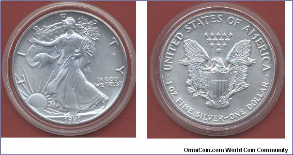 1$ Silver Eagle Walking Liberty 1991 1 Oz. Fine Silver 999/1000