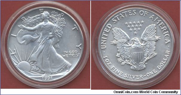1$ Silver Eagle Walking Liberty 1991 1 Oz. Fine Silver 999/1000