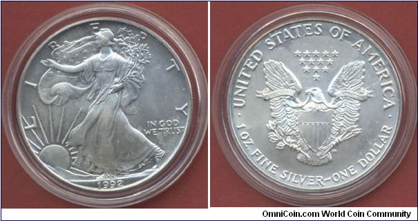 1$ Silver Eagle Walking Liberty 1992 1 Oz. Fine Silver 999/1000