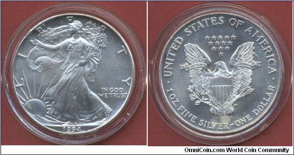 1$ Silver Eagle Walking Liberty 1994 1 Oz. Fine Silver 999/1000