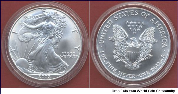 1$ Silver Eagle Walking Liberty 2002 1 Oz. Fine Silver 999/1000