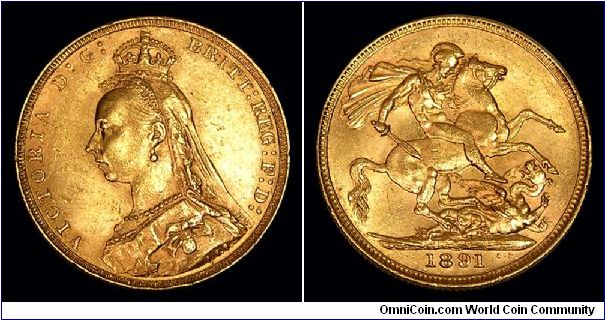 1891 Great Britain Sovereign, Queen Victoria Jubilee Head. Spink 3866c. AU.