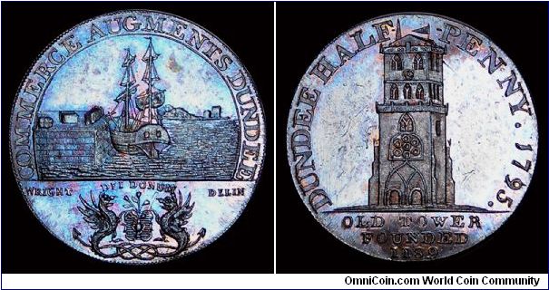 1795 Scottish halfpenny sized Conder Token. Angusshire, Dundee DH-10. Obv: COMMERCE AUGMENTS DUNDEE  Rev: DUNDEE HALF PENNY 1795  Old Tower Founded 1189.

It really is that blue with reflected light.