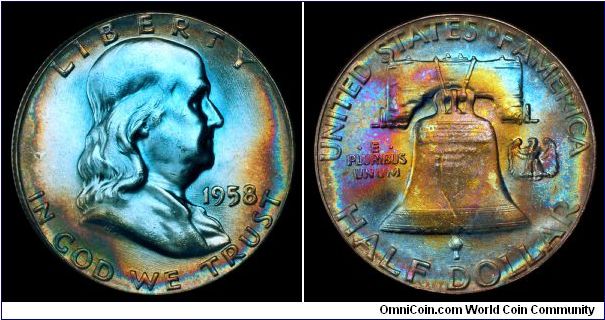 1958 U.S. Half Dollar, Ben Franklin obverse, Liberty Bell reverse. Toned.