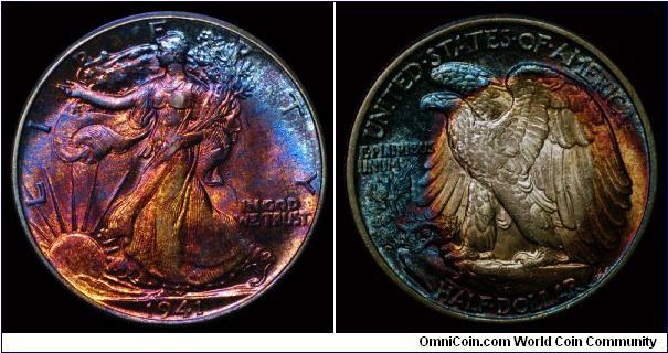 1941 U.S. Half Dollar, Walking Liberty obverse, Eagle reverse.

Several experts in this field say that this coin has been artificially toned. I believe 'em.