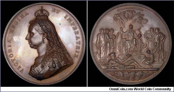 1887 Golden Jubilee of Queen Victoria. Bronze medal 77mm diameter. 

This is the Official Royal Mint Issue by J.E. Boehm and F. Leighton.

Eimer 1733, BHM 3219.