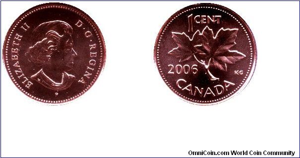 Canada, 1 cent, 2006, Cu-Steel, Maple leaf, Queen Elizabeth II, part of Canadiens set.                                                                                                                                                                                                                                                                                                                                                                                                                              