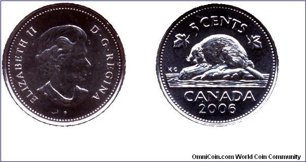 Canada, 5 cents, 2006, Ni-Steel, Beaver, Queen Elizabeth II, part of Canadiens set.                                                                                                                                                                                                                                                                                                                                                                                                                                 