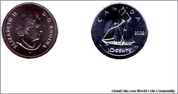 Canada, 10 cents, 2006, Ni-Steel, Bluenose ship, Queen Elizabeth II, part of Canadiens set.                                                                                                                                                                                                                                                                                                                                                                                                                         