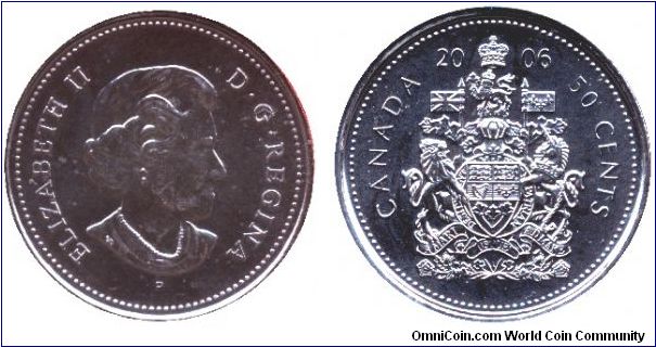 Canada, 50 cents, 2006, Ni-Steel, Queen Elizabeth II, part of Canadiens set.                                                                                                                                                                                                                                                                                                                                                                                                                                        